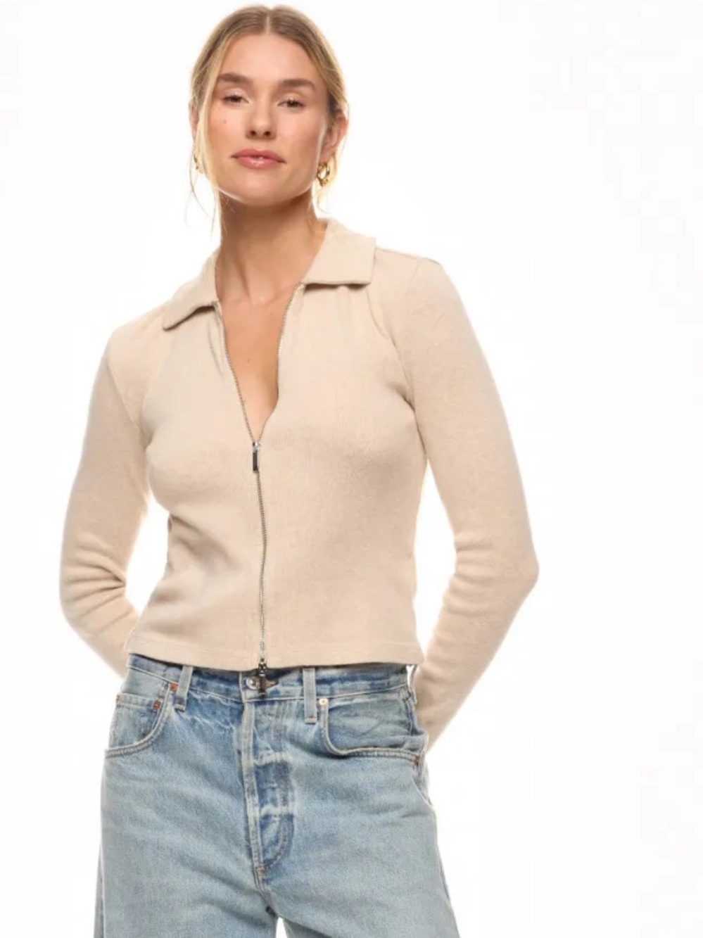 Madewell Ribbed Zip Front Tee Cardigan Oatmeal Cotton Collared Sweater M NWT